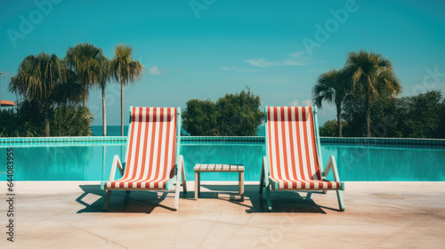 Two empty deck chairs in front of a large pool. Generative AI