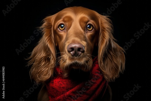 Close-up portrait photography of a cute cocker spaniel wearing a warm scarf against a matte black background. With generative AI technology © Markus Schröder