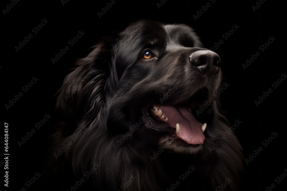 Medium shot portrait photography of a happy newfoundland dog wearing a lion mane against a matte black background. With generative AI technology