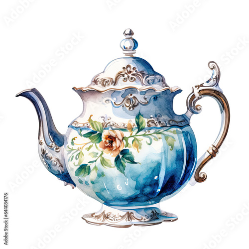 Elegant classic teapot with decorative, flat watercolor illustrations