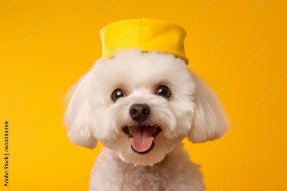 Medium shot portrait photography of a smiling bichon frise wearing a wizard hat against a bright yellow background. With generative AI technology Medium shot portrait photography of a smiling bichon frise wearing a wizard hat against a bright yellow background. With generative AI technology
