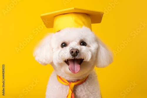 Medium shot portrait photography of a smiling bichon frise wearing a wizard hat against a bright yellow background. With generative AI technology photo