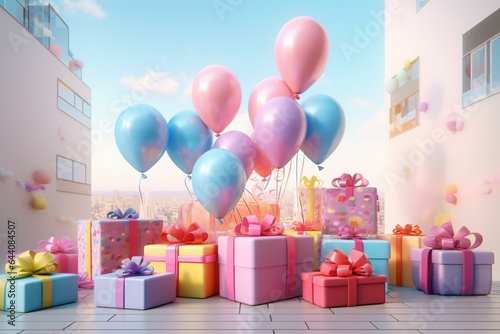 3D rendered birthday party with balloons & gift boxes. Generative AI © Cielo