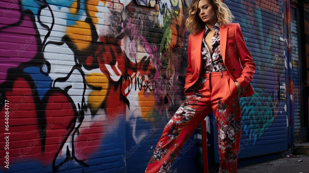 Model against a graffiti wall, juxtaposing an urban setting with a vibrant floral pantsuit