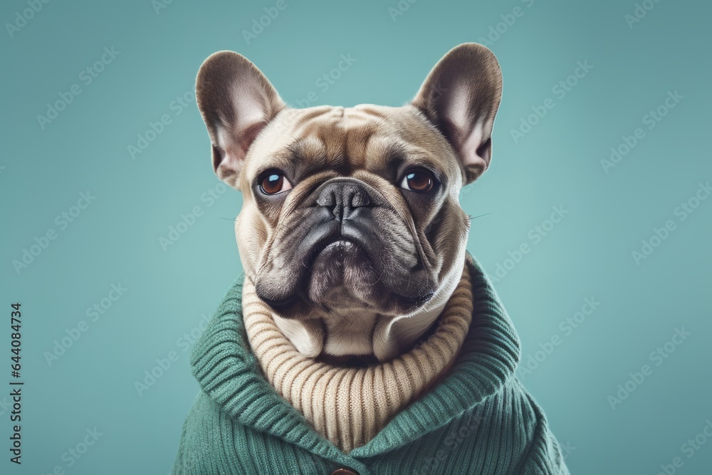 Conceptual portrait photography of a funny bulldog wearing a jumper against a teal blue background. With generative AI technology