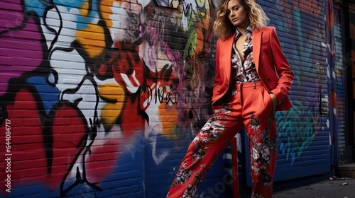 Model against a graffiti wall, juxtaposing an urban setting with a vibrant floral pantsuit