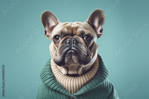 Conceptual portrait photography of a funny bulldog wearing a jumper against a teal blue background. With generative AI technology © Markus Schröder