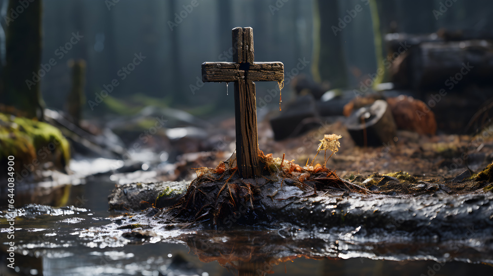 Weathered wooden gravestone standing in solitude within a wet muddy forest