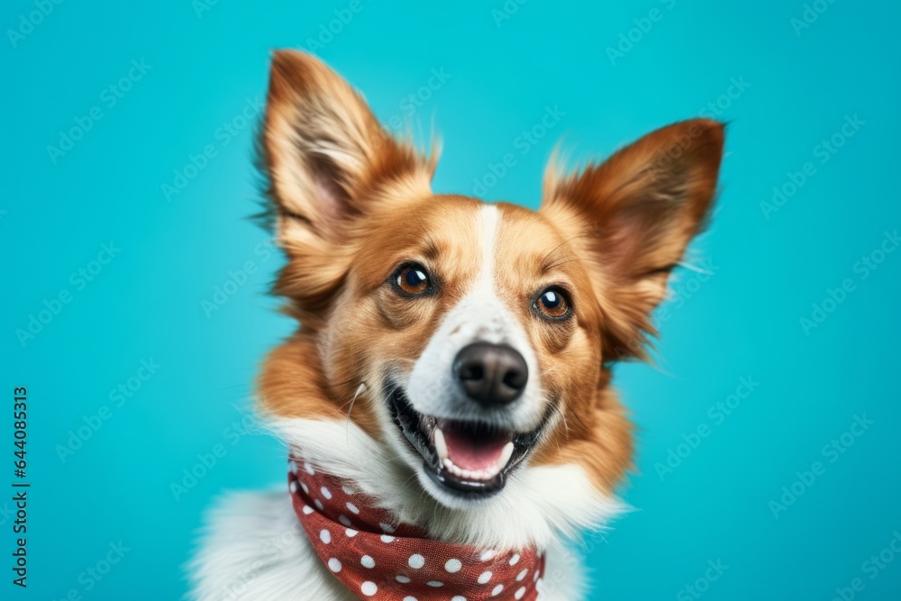 Close-up portrait photography of a cute norwegian lundehund wearing a polka dot bandana against a teal blue background. With generative AI technology Close-up portrait photography of a cute norwegian lundehund wearing a polka dot bandana against a teal blue background. With generative AI technology
