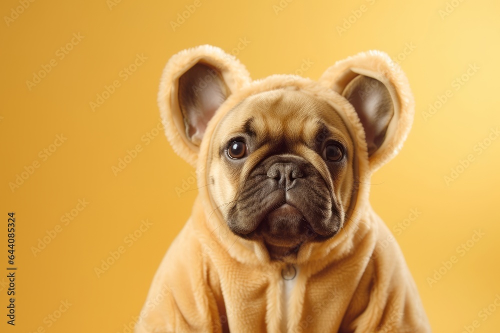 Photography in the style of pensive portraiture of a smiling french bulldog wearing a teddy bear costume against a pastel yellow background. With generative AI technology