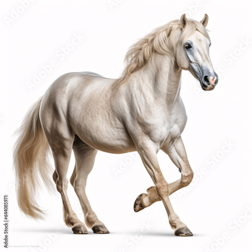 A handsome  pure white horse stands out vividly against a white background.