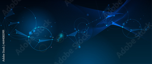 Vector molecule, Network Connected lines with dots, technology on blue background. Abstract internet network connection design for web site. Digital data, communication, science and futuristic concept