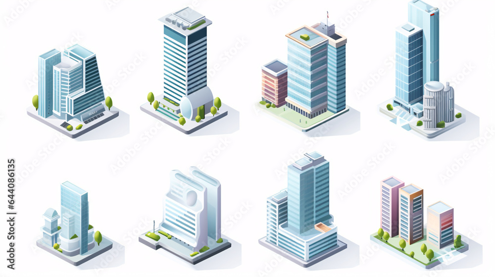 An isometric collection of skyscraper buildings, featuring business offices and commercial towers, stands isolated on a white background