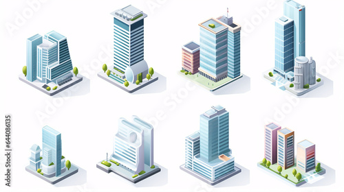 An isometric collection of skyscraper buildings  featuring business offices and commercial towers  stands isolated on a white background
