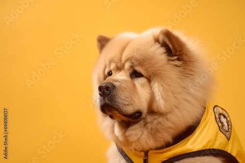 Photography in the style of pensive portraiture of a funny chow chow dog wearing a sports jersey against a pastel yellow background. With generative AI technology