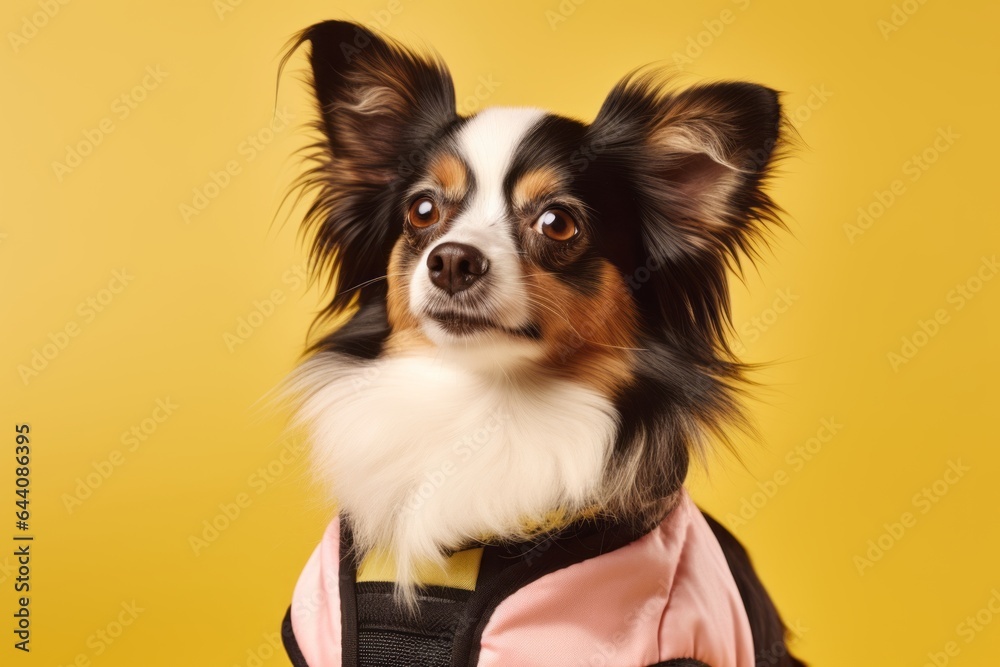 Lifestyle portrait photography of a funny papillon dog wearing a cooling vest against a pastel yellow background. With generative AI technology