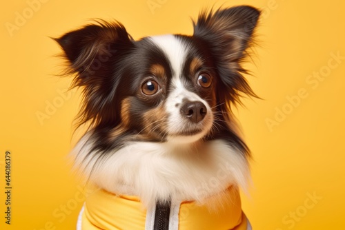 Lifestyle portrait photography of a funny papillon dog wearing a cooling vest against a pastel yellow background. With generative AI technology © Markus Schröder