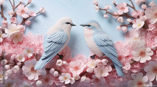 3d wallpaper design with little flowers and birds for photomural photo