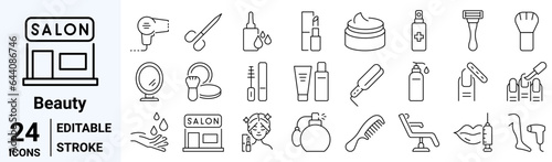set of 24 line web icons related cosmetics. Spa treatments, beauty. Laser hair Collection of Outline Icons. Vector illustration.