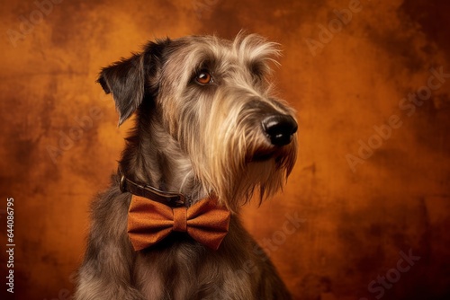 Photography in the style of pensive portraiture of a happy irish wolfhound dog wearing a cute bow tie against a rustic brown background. With generative AI technology