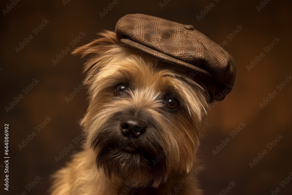 Photography in the style of pensive portraiture of a happy cairn terrier wearing a beret against a rustic brown background. With generative AI technology