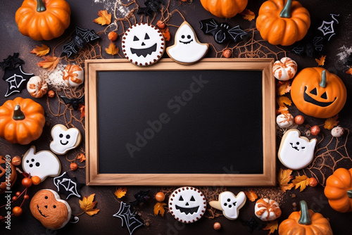 Frame with Halloween motif made of cookies, decorated with jack-o'-lanterns and ghosts, white inside the frame.