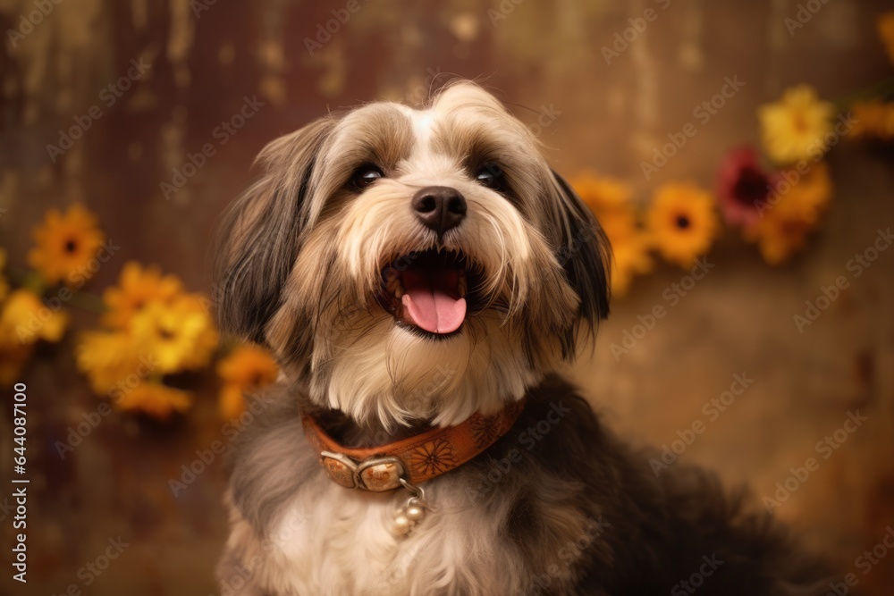 Medium shot portrait photography of a smiling lowchen dog wearing a floral collar against a rustic brown background. With generative AI technology Medium shot portrait photography of a smiling lowchen dog wearing a floral collar against a rustic brown background. With generative AI technology