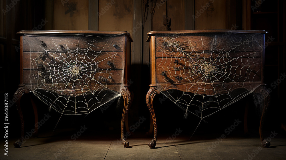 Teias de aranha em móveis antigos, dia das bruxas  - obrazy, fototapety, plakaty 