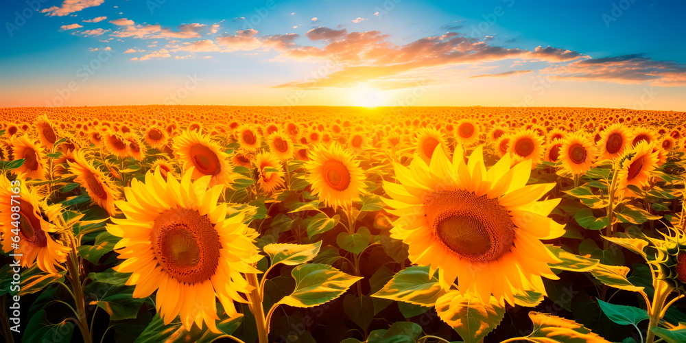 sunflower field where farmers harvest sunflower heads full of seeds. Generative AI