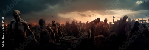 Apocalypse fantasy scene hroup of zombie walking. Halloween concept Generative AI