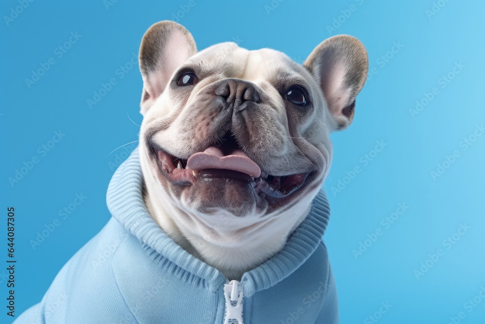 Medium shot portrait photography of a smiling bulldog wearing a jumper against a soft blue background. With generative AI technology