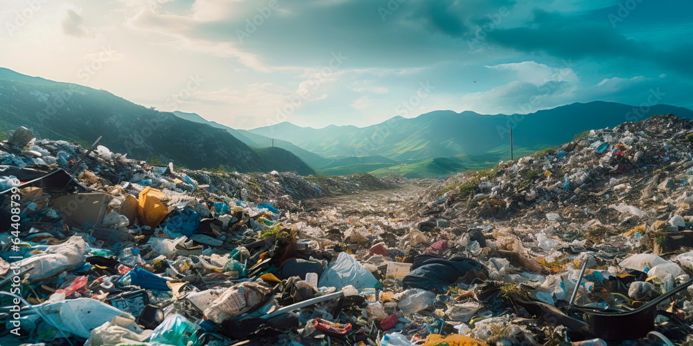 sprawling landfill site overflowing with mountains of discarded plastic waste, highlighting the issue of plastic pollution. Generative AI - obrazy, fototapety, plakaty 