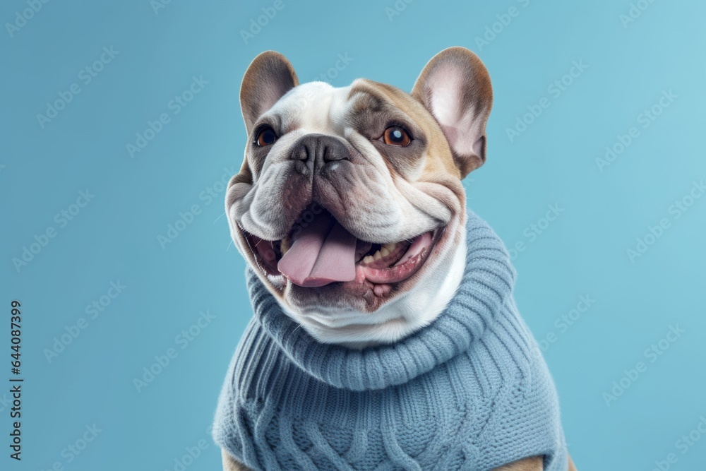 Medium shot portrait photography of a smiling bulldog wearing a jumper against a soft blue background. With generative AI technology
