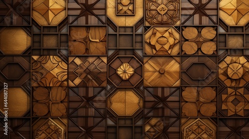 Fototapeta Naklejka Na Ścianę i Meble -  3D Wallpaper in the form of imitation of decorative mosaic of wood colored details and gold decor. High quality seamless realistic texture