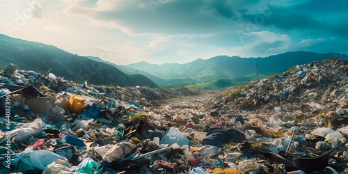 sprawling landfill site overflowing with mountains of discarded plastic waste, highlighting the issue of plastic pollution. Generative AI photo