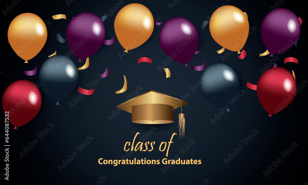 Obraz premium Congratulations on your graduation from school. Class of 2023. Graduation cap, confetti and balloons. Congratulatory banner. Academy of Education School of Learning