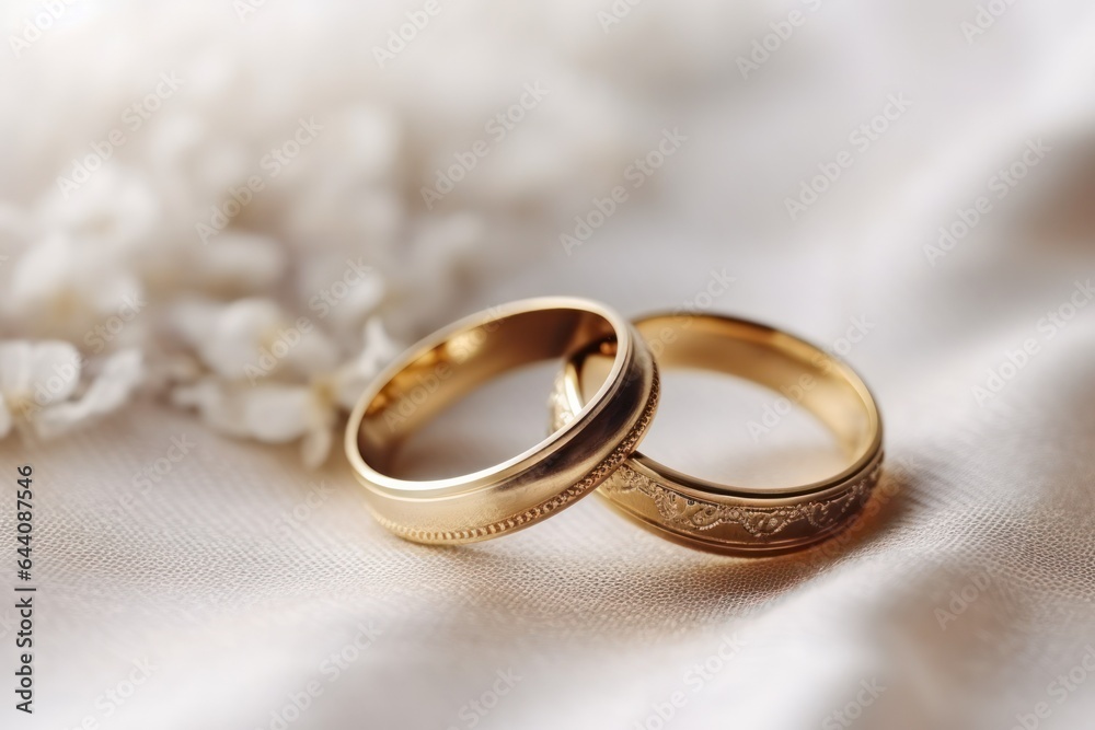 Wedding rings, close-up on a light background with flowers.postcard or invitation to a celebration. Wedding rings, close-up on a light background with flowers.postcard or invitation to a celebration.