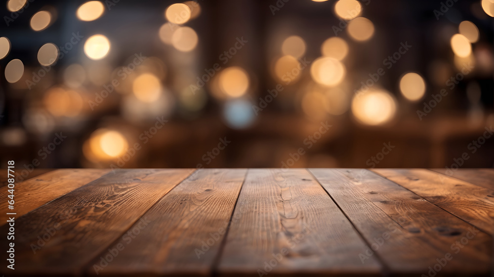 Empty wooden table with blurred background with bokeh light for product display