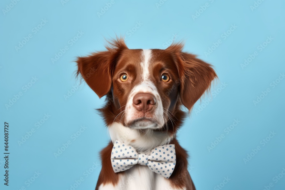 Conceptual portrait photography of a cute brittany dog wearing a cute bow tie against a soft blue background. With generative AI technology
