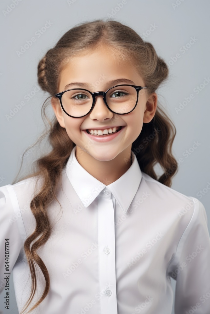 Cheerful smiling elegant funny schoolgirl on light studio background. Generative AI Cheerful smiling elegant funny schoolgirl on light studio background. Generative AI