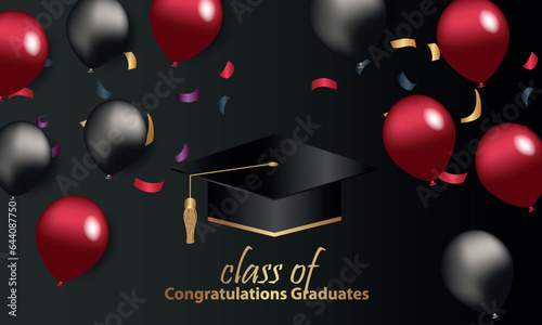 Congratulations on your graduation from school. Class of 2023. Graduation cap, confetti and balloons. Congratulatory banner. Academy of Education School of Learning