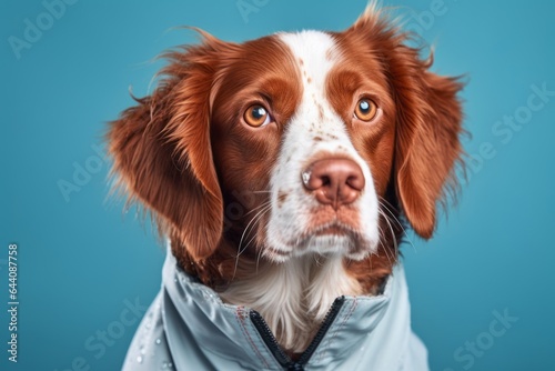 Close-up portrait photography of a cute brittany dog wearing a therapeutic coat against a soft blue background. With generative AI technology