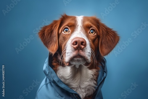 Close-up portrait photography of a cute brittany dog wearing a therapeutic coat against a soft blue background. With generative AI technology