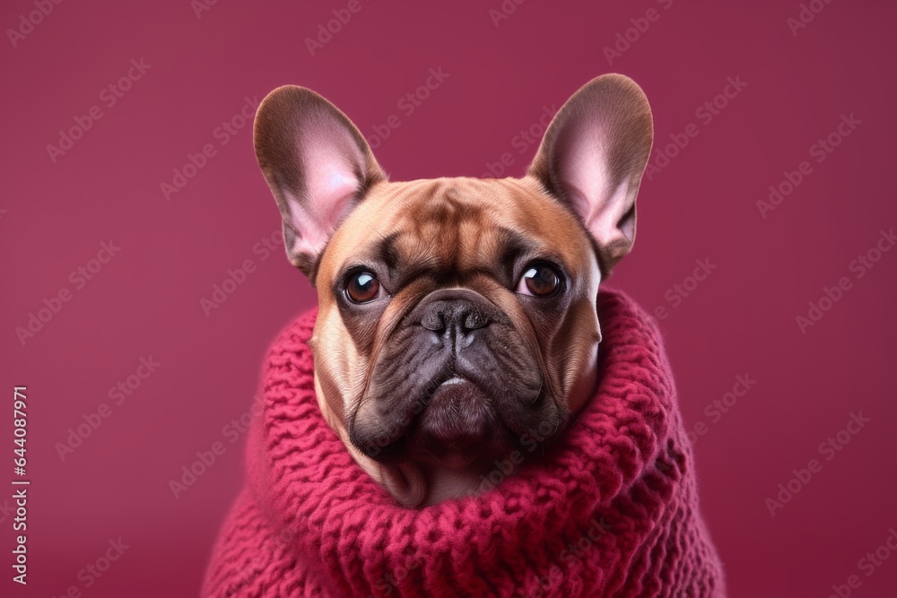 Environmental portrait photography of a cute french bulldog wearing a snood against a rich maroon background. With generative AI technology