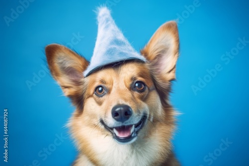 Medium shot portrait photography of a happy norwegian lundehund wearing a wizard hat against a soft blue background. With generative AI technology