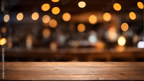 Empty wooden table with blurred background with bokeh light for product display