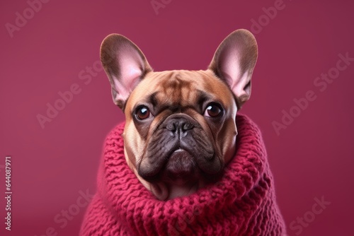 Environmental portrait photography of a cute french bulldog wearing a snood against a rich maroon background. With generative AI technology © Markus Schröder