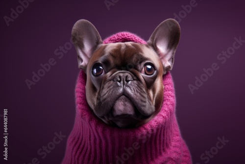 Environmental portrait photography of a cute french bulldog wearing a snood against a rich maroon background. With generative AI technology © Markus Schröder