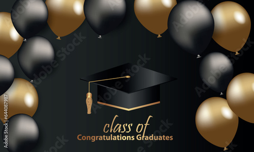 Congratulations on your graduation from school. Class of 2023. Graduation cap, confetti and balloons. Congratulatory banner. Academy of Education School of Learning