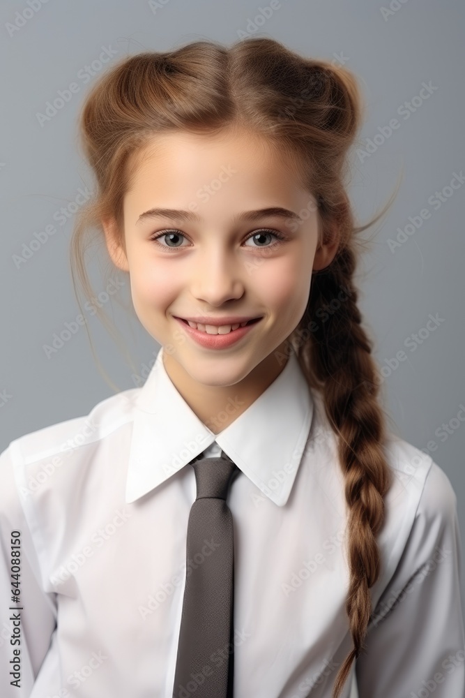 Cheerful smiling elegant funny schoolgirl on light studio background. Generative AI Cheerful smiling elegant funny schoolgirl on light studio background. Generative AI